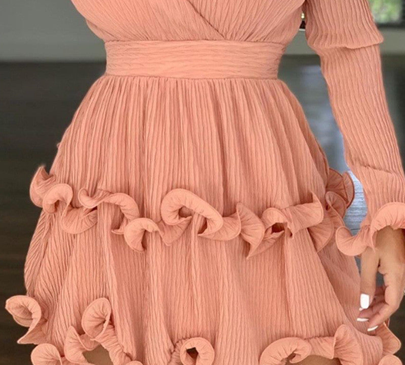 European And American New Style Deep V Long-Sleeved Lace Hem Waist Dress