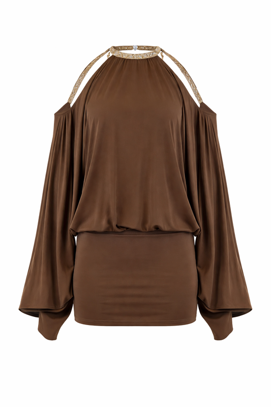 Backless Butterfly Chain Dress – Sexy Batwing Sleeve Mini Dress – Wear as Dress or Top – Viral Backless Party Outfit – Brown Halter Club Dress