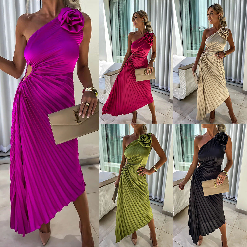 Ins Pleated One-shoulder Dress With Big Rose Flower Fashionable Sexy Evening Party Club Asymmetrical Dress