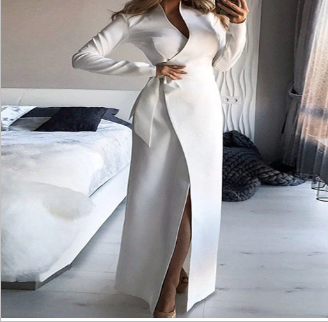 WOLFF White V-Neck Wrap Dress with Split Sleeve (One Piece)